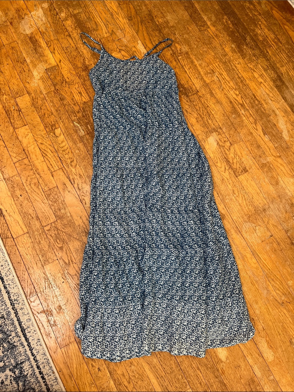 Blue Printed Spaghetti-Strap Maxi Dress